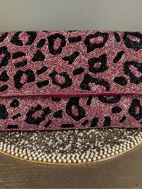 Pink Beaded Leopard-Print Evening Clutch